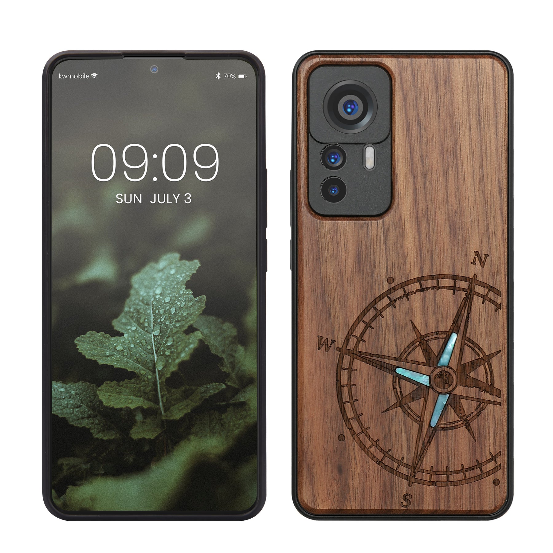 Holz Hardcase mit TPU Bumper für Xiaomi 12T / 12T Pro Vintage Kompass mit Perlmutt