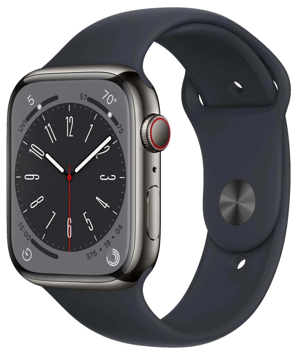 Apple Watch 8 LTE Graphit Edelstahl 45mm Sportarmband Mitternacht MNKU3 - Ohne Vertrag